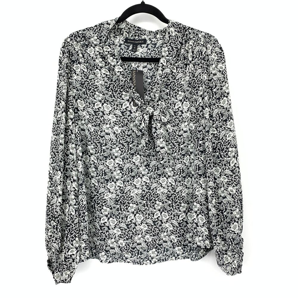 Banana Republic Tie Neck Popover Blouse Womens Size Medium Tall Black White NEW